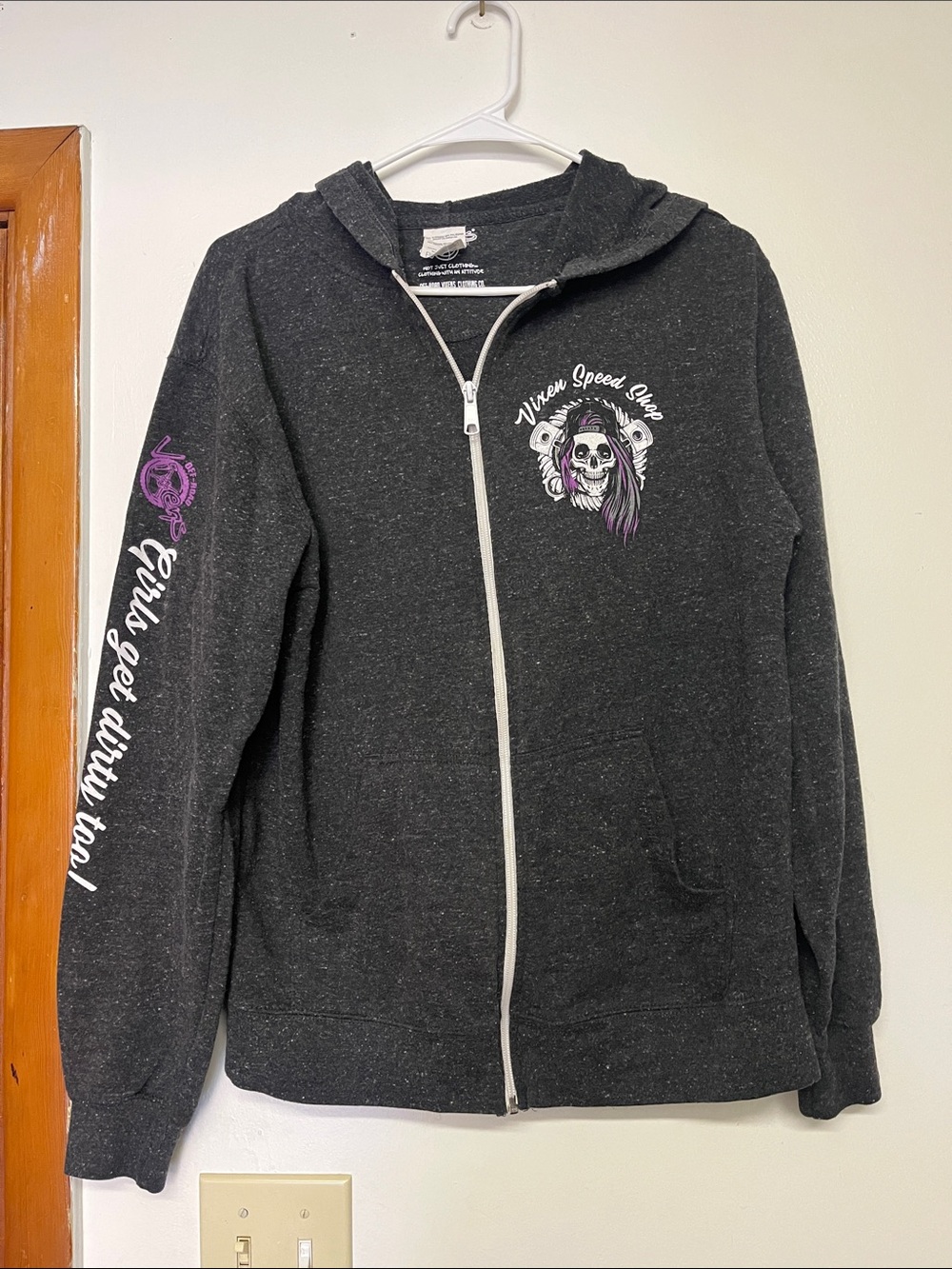 Off-road Vixens Clothing Charcoal Zip Hoodie with Skull & Purple Accent Graphic